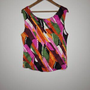 August Max Womens Colorful Abstract Crinkle Sleeveless Top Size 2 Art To Wear